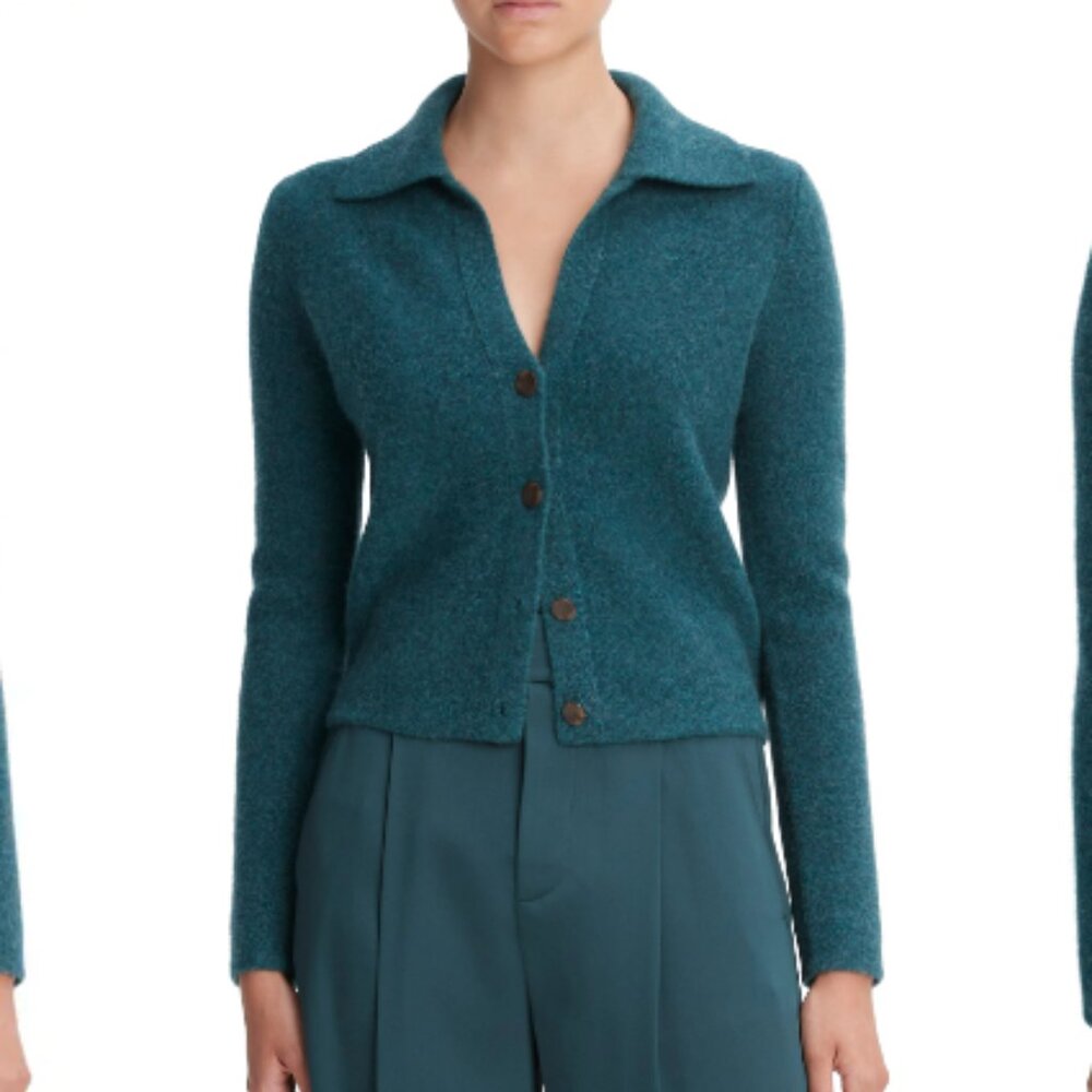 Vince Plush Cashmere Polo Cardigan / XS (Color: Heather Sea Quartz)